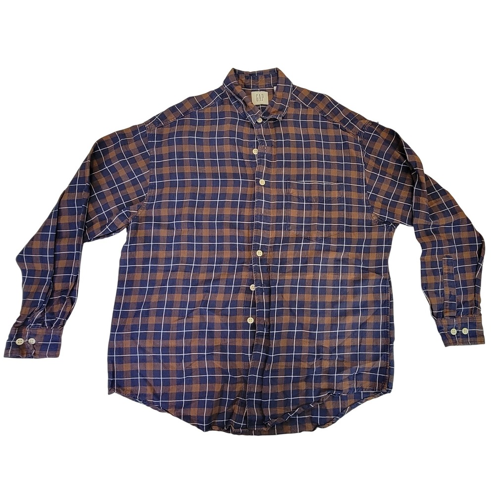 GAP Men's Brown Blue Plaid Long Sleeve Button Up Shirt‎ Size Large Casual